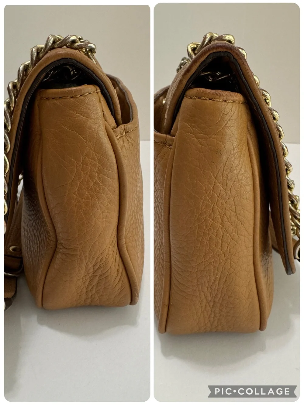 Michael Kors Fulton 38S3XFTF1L Tan Pebbled Leather Small Flap Chain Shoulder Bag